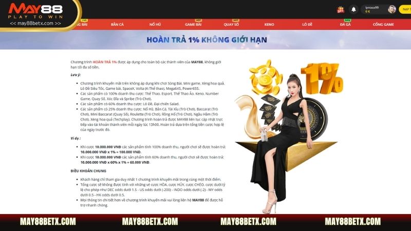 Nhận lại tiền cược nhờ chính sách hoàn trả 1% hấp dẫn